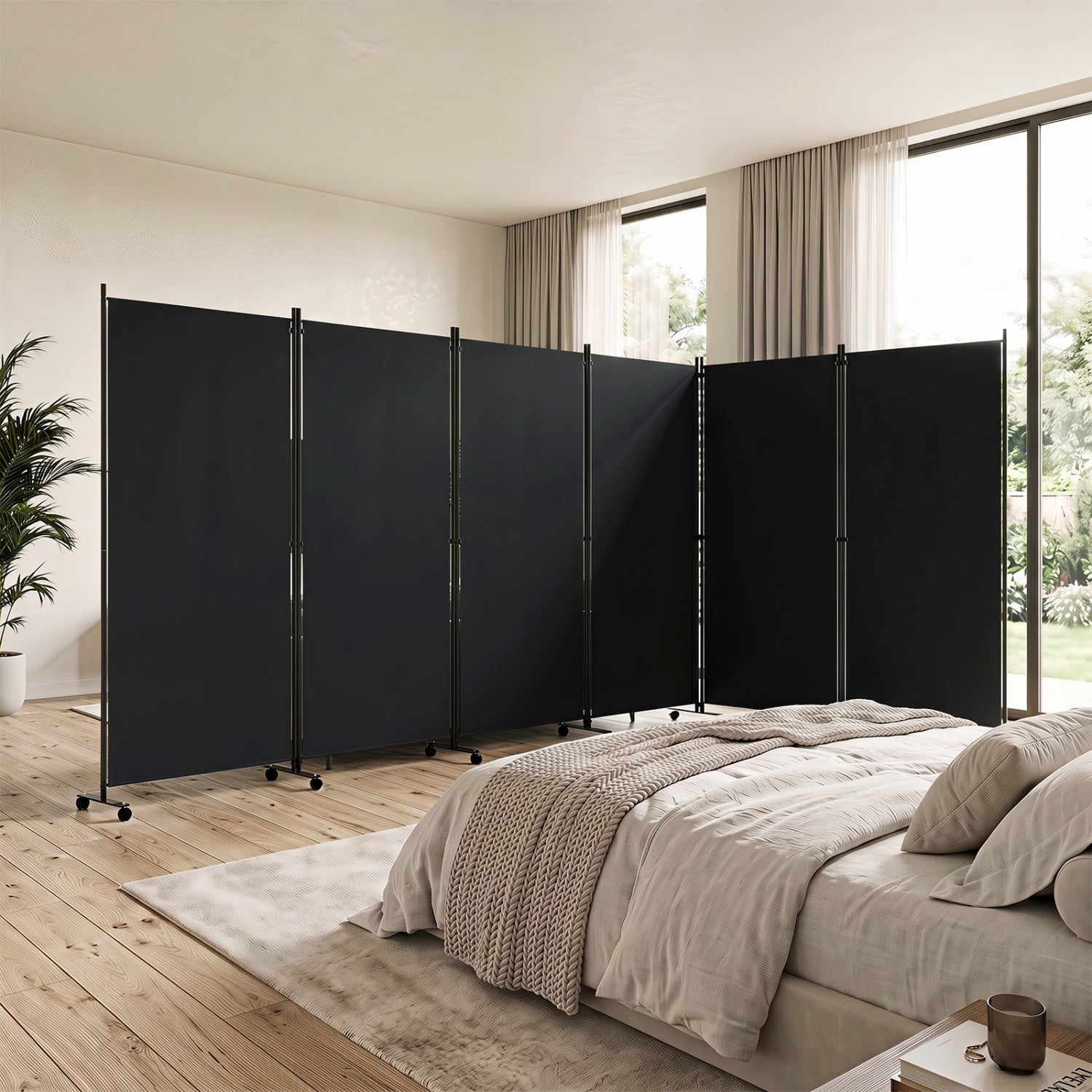 6-panel folding room divider with wheels, black panels on metal frame in a modern bedroom on Tampa Home & Garden Store