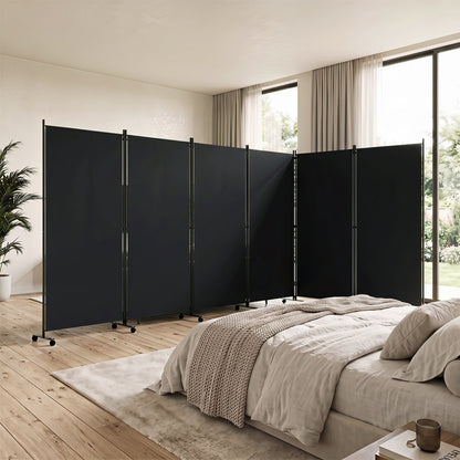 6-panel folding room divider with wheels, black panels on metal frame in a modern bedroom on Tampa Home & Garden Store