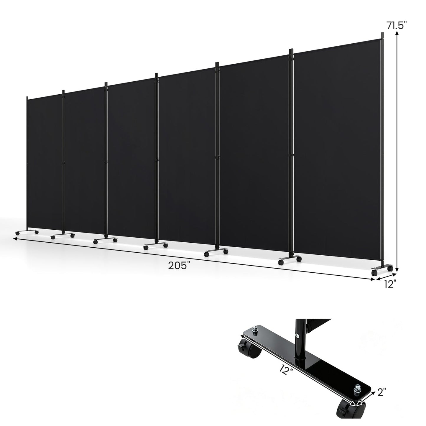 6-Panel Folding Room Divider with Wheels, black fabric panels on a wheeled metal frame on Tampa Home & Garden Store