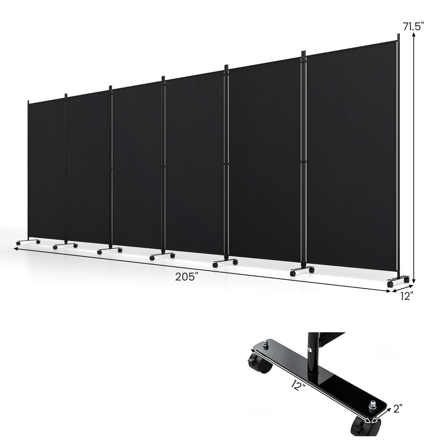 6-Panel Folding Room Divider with Wheels, black fabric panels on a wheeled metal frame on Tampa Home & Garden Store