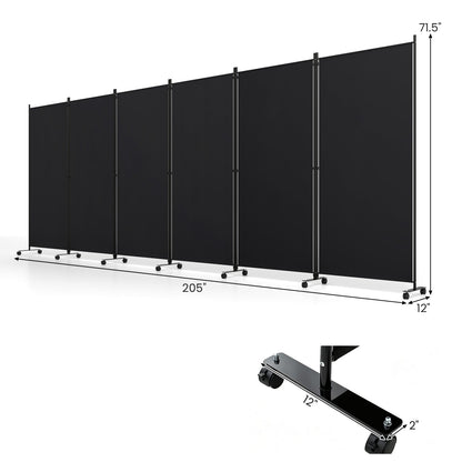 6-Panel Folding Room Divider with Wheels, black fabric panels on a wheeled metal frame on Tampa Home & Garden Store