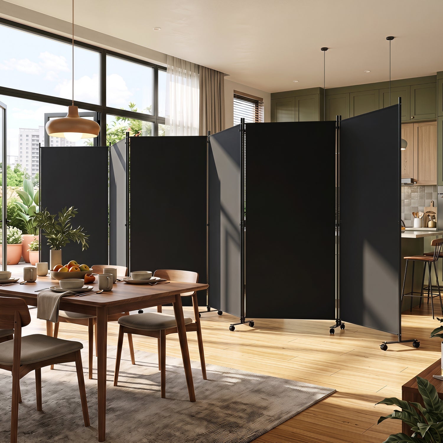 6-Panel Folding Room Divider with Wheels by DirectDeals, black panels on wheeled frames on Tampa Home & Garden Store