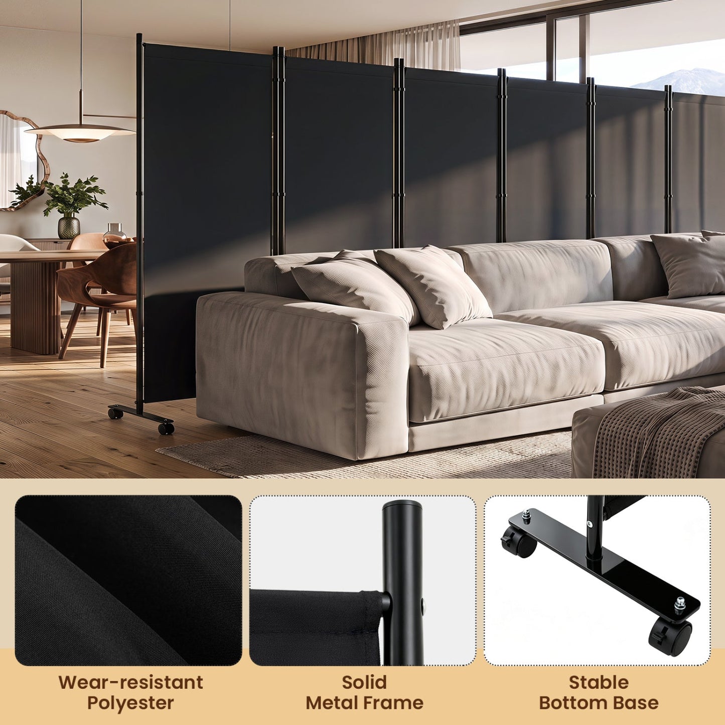 DirectDeals 6-Panel Folding Room Divider with Wheels in black panels and frame behind gray sofa on Tampa Home & Garden Store