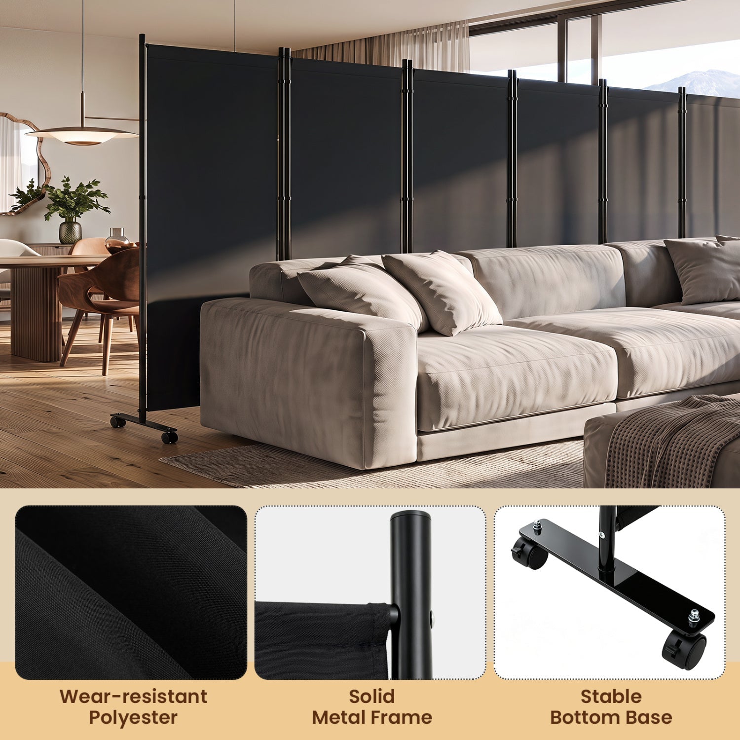 DirectDeals 6-Panel Folding Room Divider with Wheels in black panels and frame behind gray sofa on Tampa Home & Garden Store