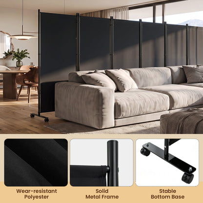 DirectDeals 6-Panel Folding Room Divider with Wheels in black panels and frame behind gray sofa on Tampa Home & Garden Store