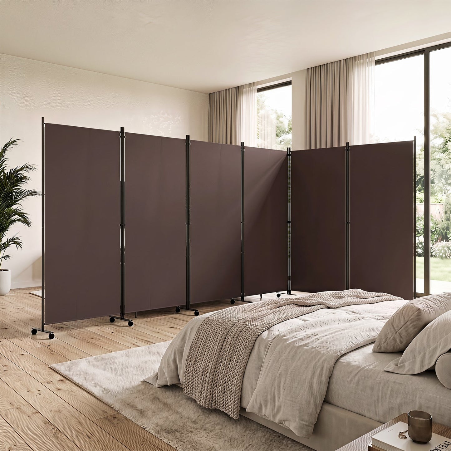 6-Panel Folding Room Divider brown fabric panels DirectDeals on wheeled metal frame on Tampa Home & Garden Store