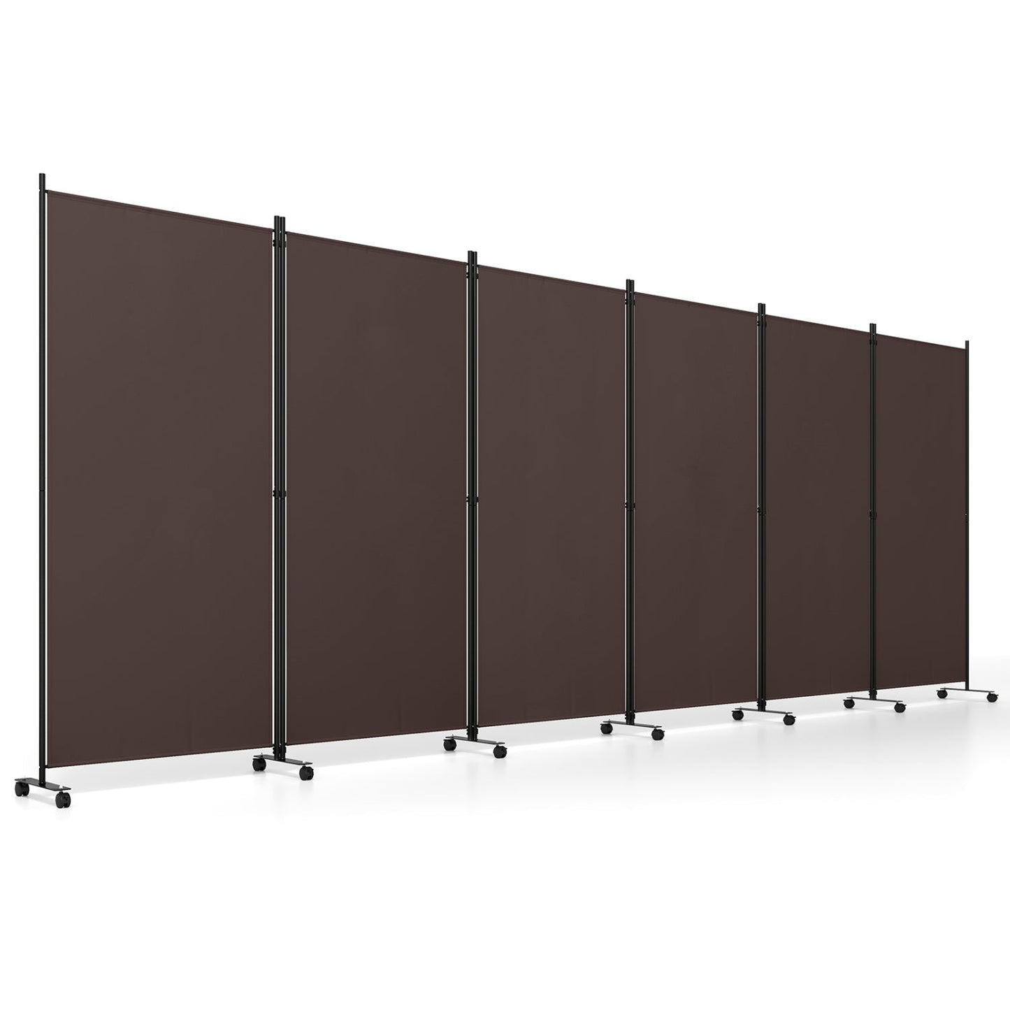 6-Panel Folding Room Divider with Wheels DirectDeals, brown fabric panels on black metal frames on Tampa Home & Garden Store