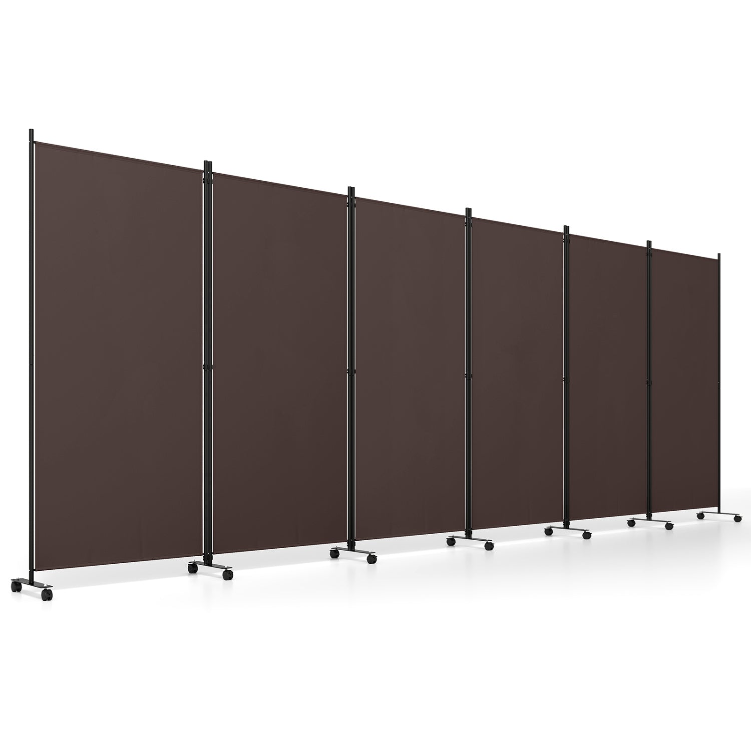 6-Panel Folding Room Divider with Wheels DirectDeals, brown fabric panels on black metal frames on Tampa Home & Garden Store