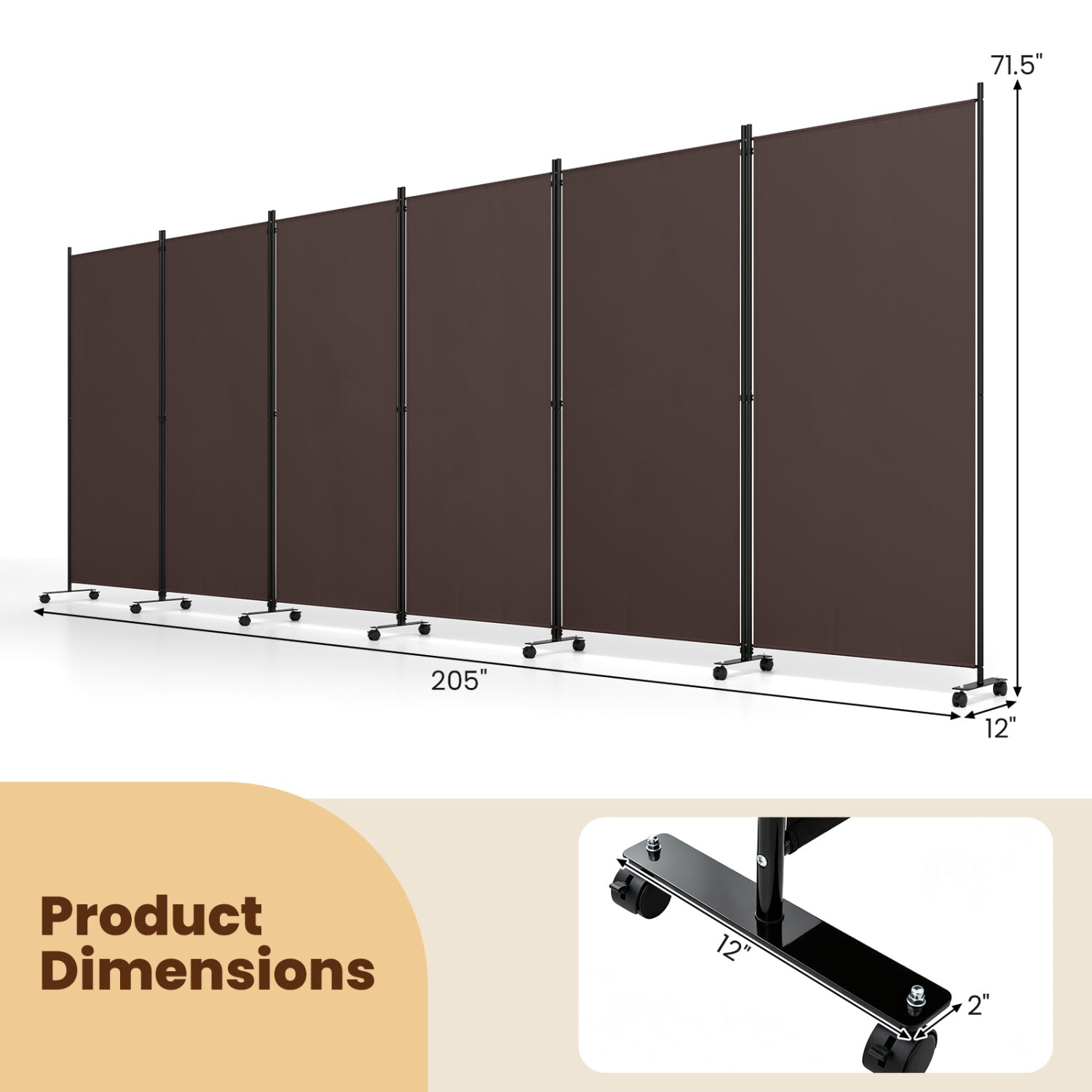 6-Panel Folding Room Divider with Wheels DirectDeals brown panels on black frames 205 in wide on Tampa Home & Garden Store