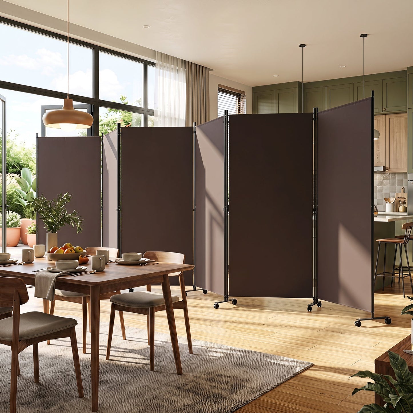 6-Panel Folding Room Divider with Wheels by DirectDeals; brown panels on rolling casters on Tampa Home & Garden Store