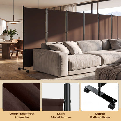 DirectDeals 6-Panel Folding Room Divider with Wheels, brown panels on black metal frame on Tampa Home & Garden Store