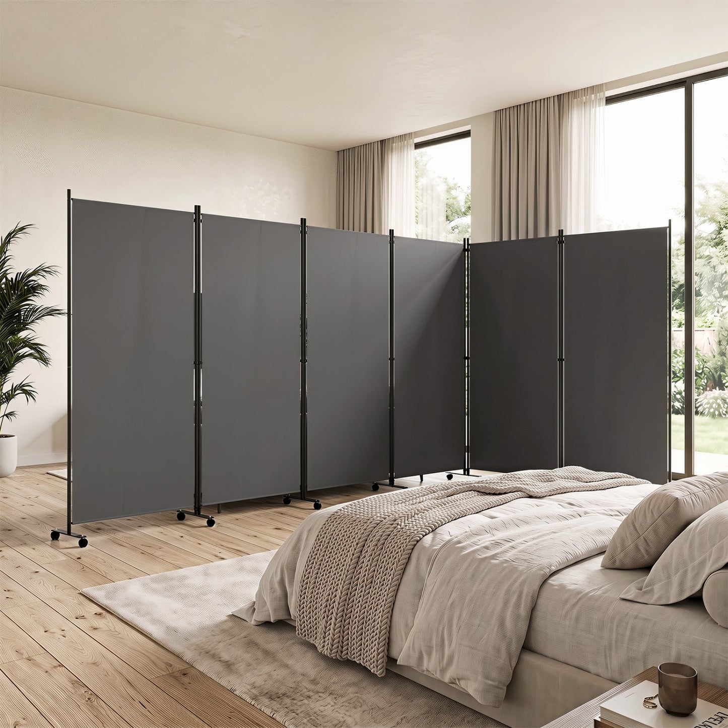 6-panel folding room divider with wheels DirectDeals gray panels on black metal frames in a bedroom on Tampa Home & Garden Store