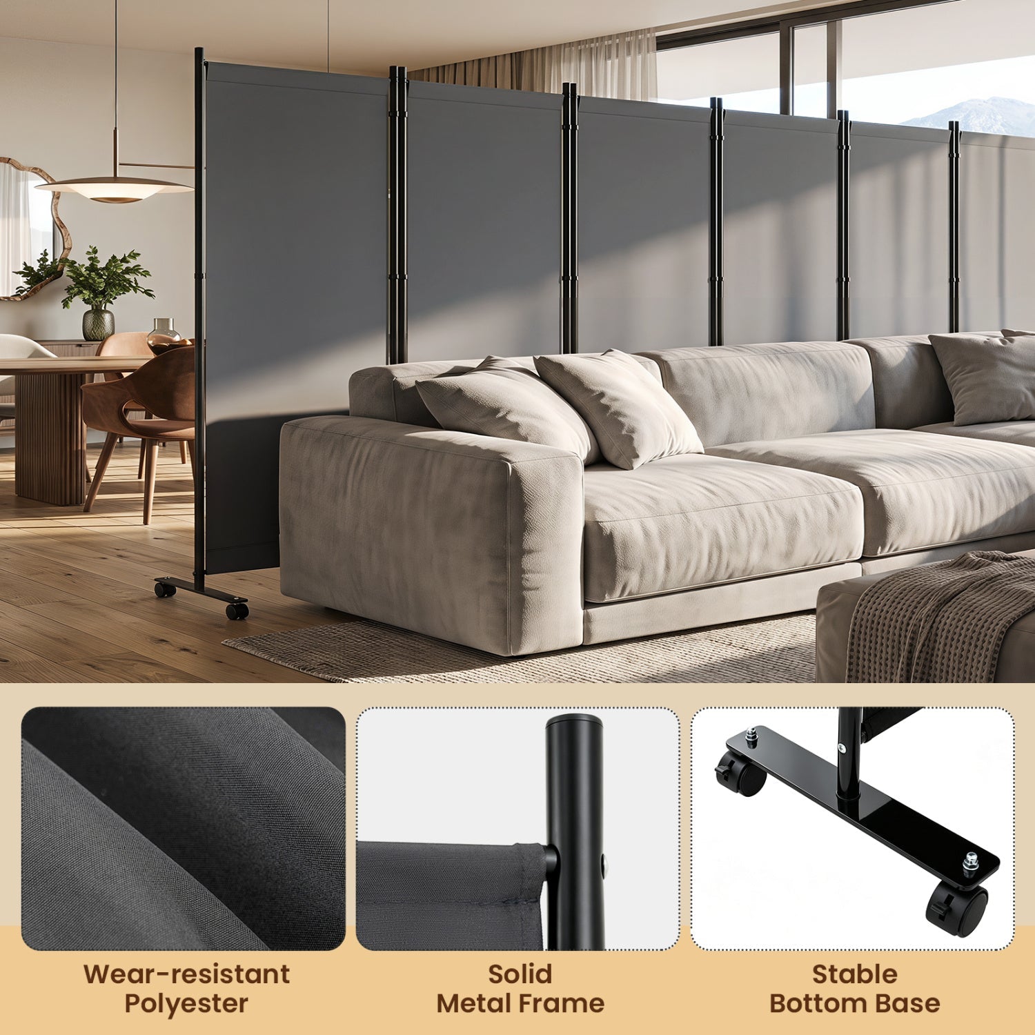 6-Panel Folding Room Divider with Wheels by DirectDeals; black metal frame, gray fabric panels on Tampa Home & Garden Store