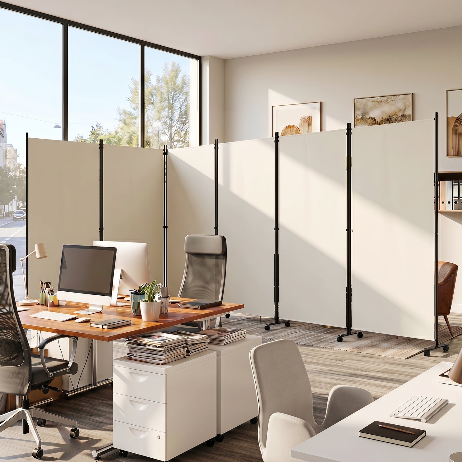 Six-panel folding room divider on wheels DirectDeals beige panels with black frames in workspace on Tampa Home & Garden Store