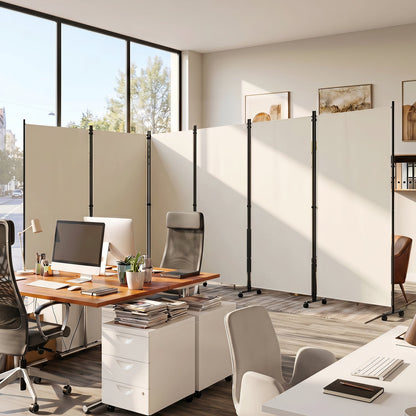 Six-panel folding room divider on wheels DirectDeals beige panels with black frames in workspace on Tampa Home & Garden Store