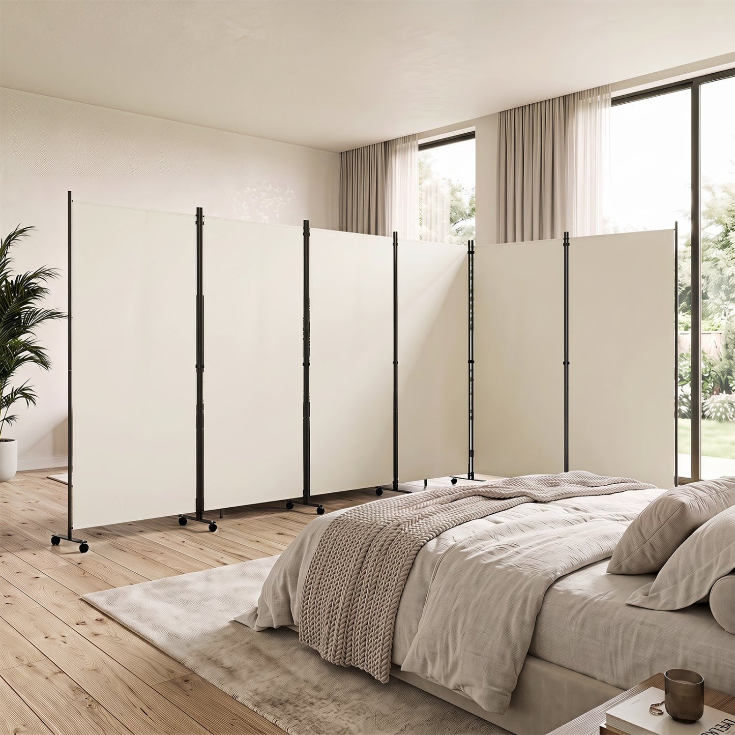 6-panel folding room divider with wheels, white panels on a black frame in a modern bedroom on Tampa Home & Garden Store