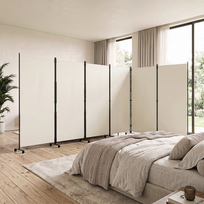 6-panel folding room divider with wheels, white panels on a black frame in a modern bedroom on Tampa Home & Garden Store