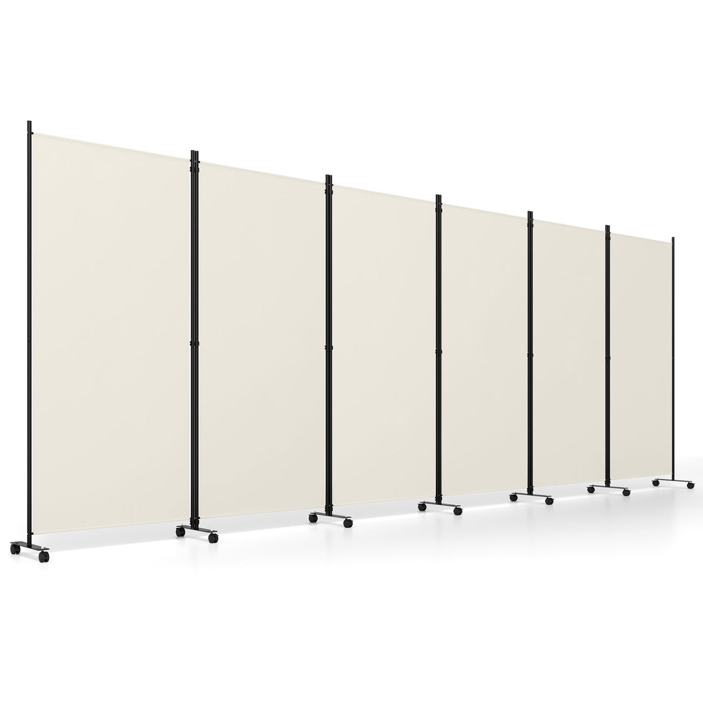 6-Panel Folding Room Divider with Wheels by DirectDeals, beige fabric panels on black frames on Tampa Home & Garden Store