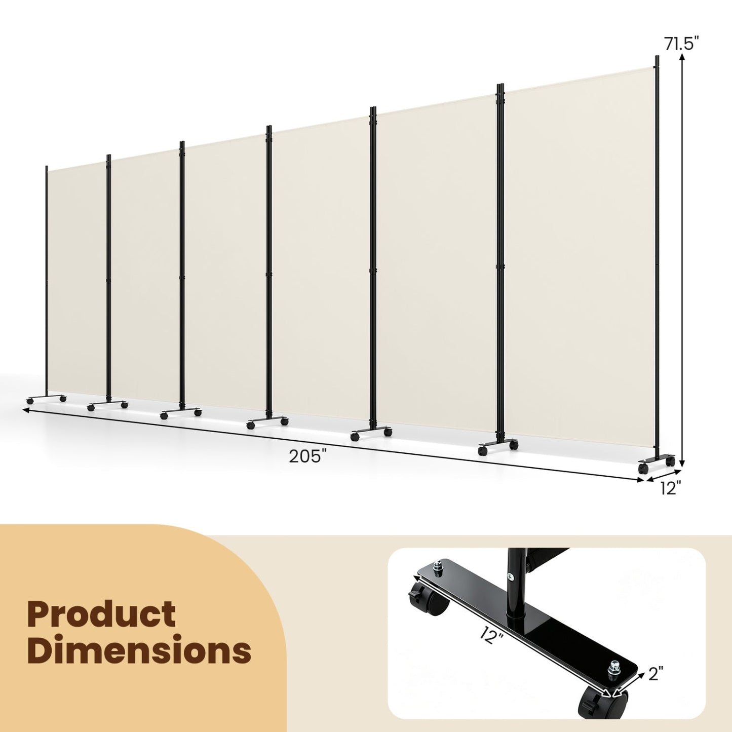 6-Panel Folding Room Divider with Wheels DirectDeals beige fabric panels on black wheeled stands, 6 panels on wheels on Tampa Home & Garden Store