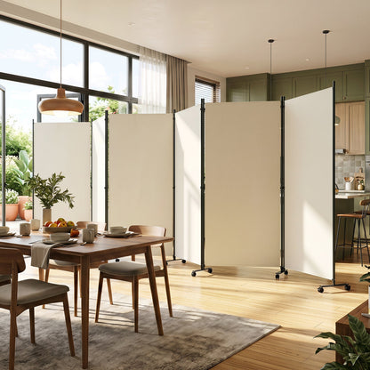 6-Panel Folding Room Divider with Wheels, beige fabric panels on black metal frames with casters on Tampa Home & Garden Store