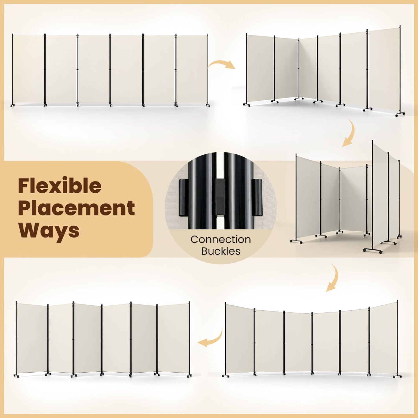 6-Panel Folding Room Divider with Wheels by DirectDeals beige panels, black frames, caster wheels on Tampa Home & Garden Store