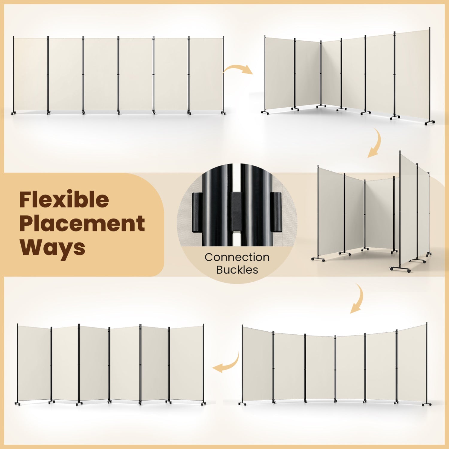 6-Panel Folding Room Divider with Wheels by DirectDeals beige panels, black frames, caster wheels on Tampa Home & Garden Store