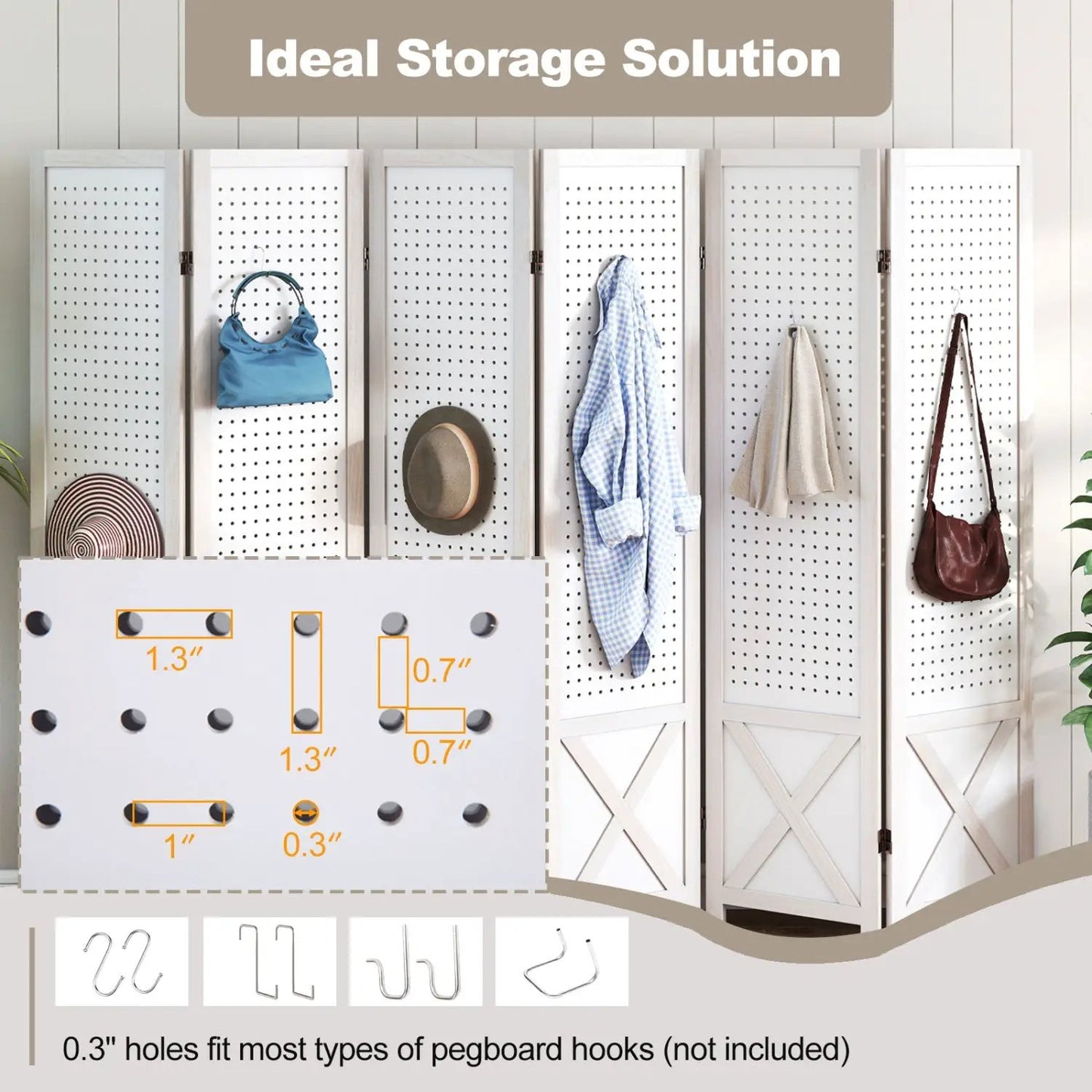 6-Panel Pegboard Room Divider Foldable Screen