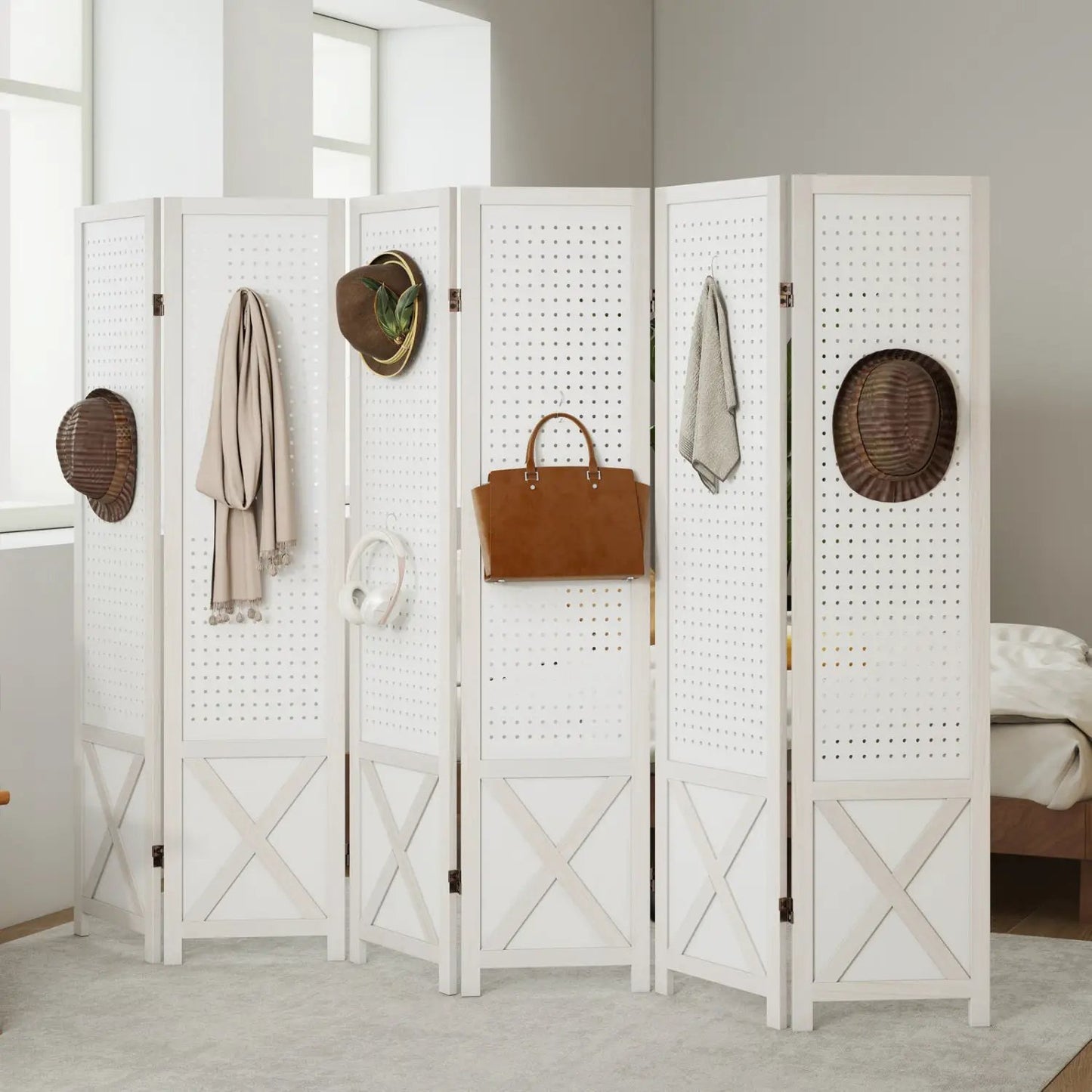 6-Panel Pegboard Room Divider Foldable Screen