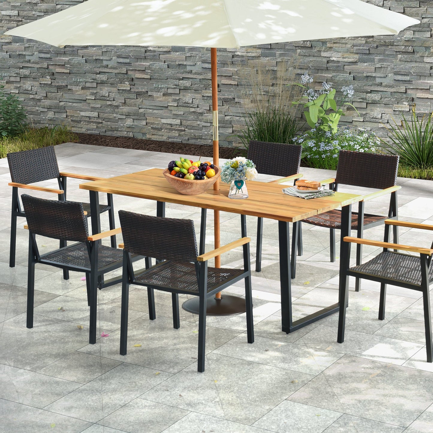 Mesa de comedor para exteriores de madera de acacia para 6 personas con orificio para sombrilla de 5 cm