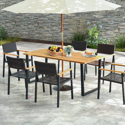 Mesa de comedor para exteriores de madera de acacia para 6 personas con orificio para sombrilla de 5 cm