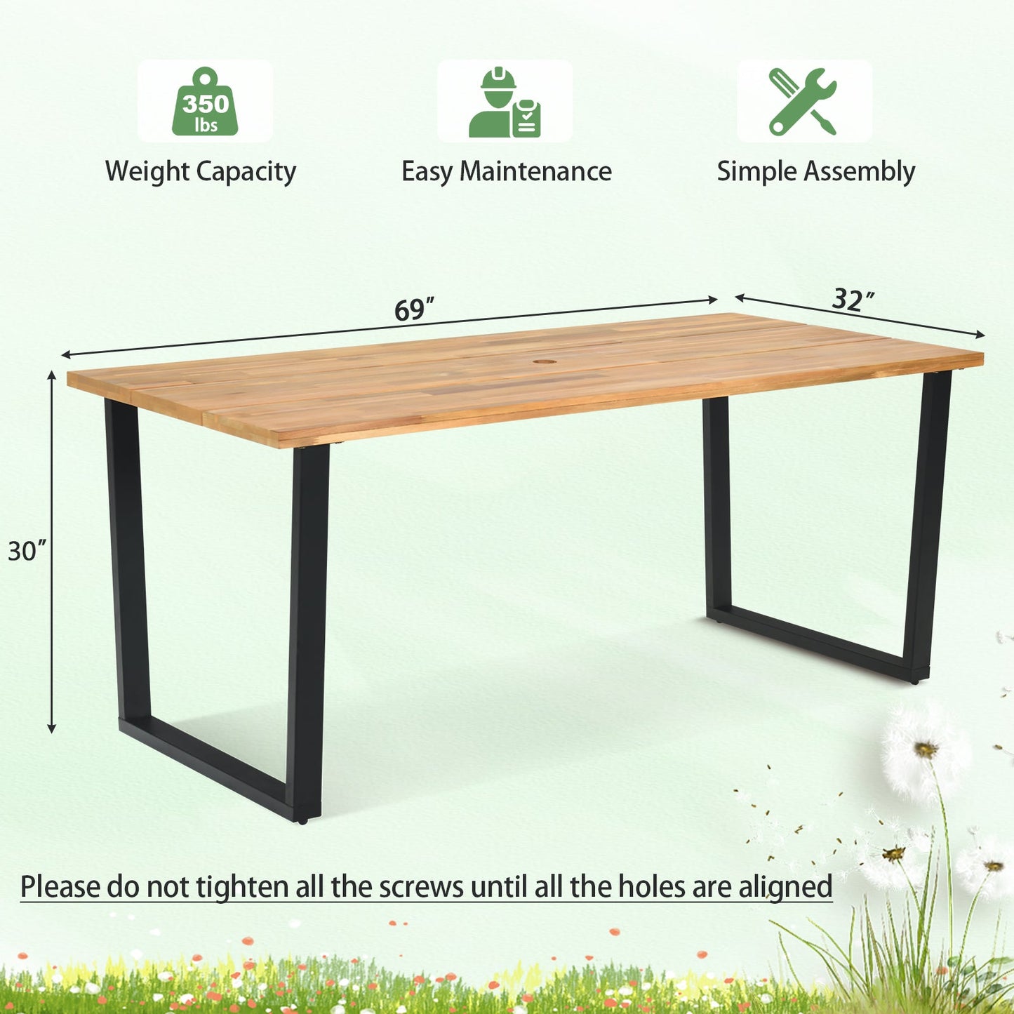 Mesa de comedor para exteriores de madera de acacia para 6 personas con orificio para sombrilla de 5 cm