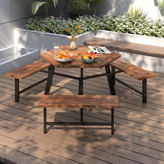 6 Person Acacia Wood Picnic Table Bench Set with 3 Seats - Tampa Home & Garden Store