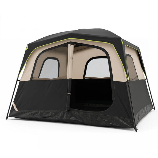 6-Person Camping Tent with Rainfly and Mesh Windows beige body with black base lime trim on Tampa Home & Garden Store
