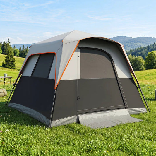 6-Person Instant Cabin Tent with Blackout Rainfly, DirectDeals, gray-beige body with orange trim on Tampa Home & Garden Store