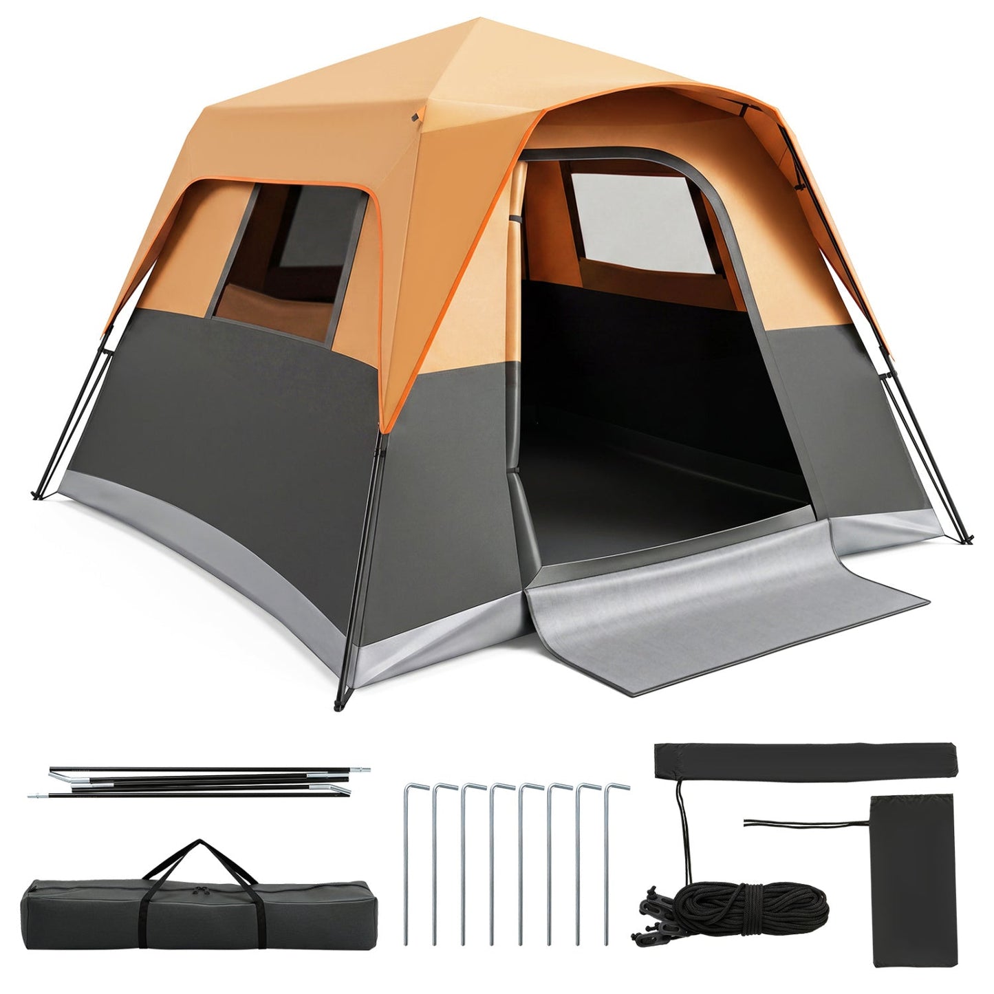 6-Person Instant Cabin Tent by GemGear with Blackout Rainfly in orange/gray with stakes on Tampa Home & Garden Store