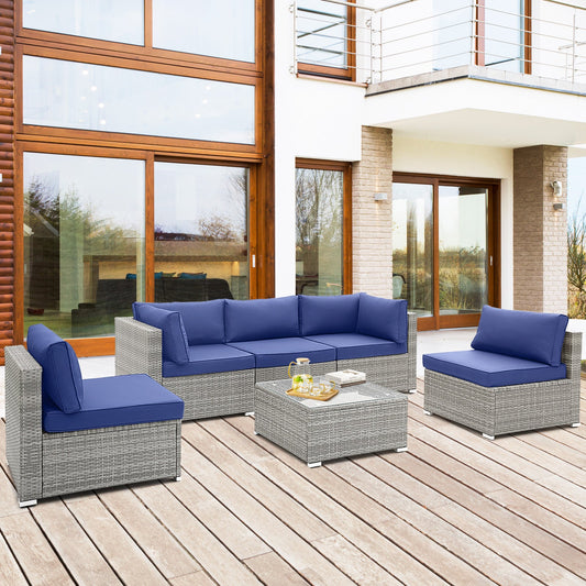 6 Piece Patio Conversation Sofa Set with Tempered Glass Coffee Table-Navy - Tampa Home & Garden Store