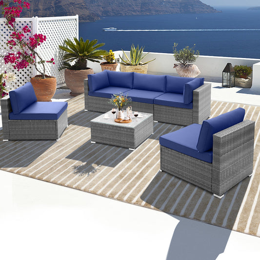 6 Piece Patio Conversation Sofa Set with Tempered Glass Coffee Table-Navy - Tampa Home & Garden Store