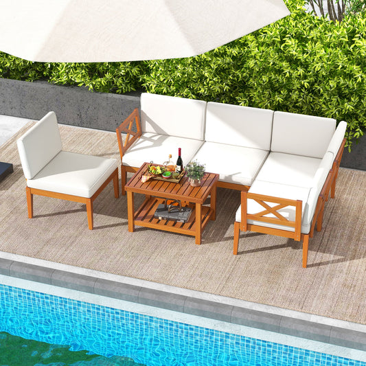 6 Pieces Acacia Wood Patio Furniture Set with Cushions and 2-Tier Coffee Table-White - Tampa Home & Garden Store