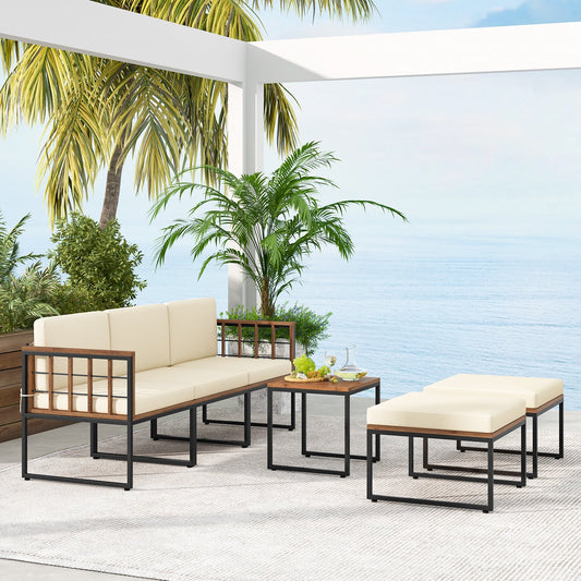 6 Pieces Acacia Wood Patio Furniture Set with Coffee Table and Ottomans-Beige - Tampa Home & Garden Store