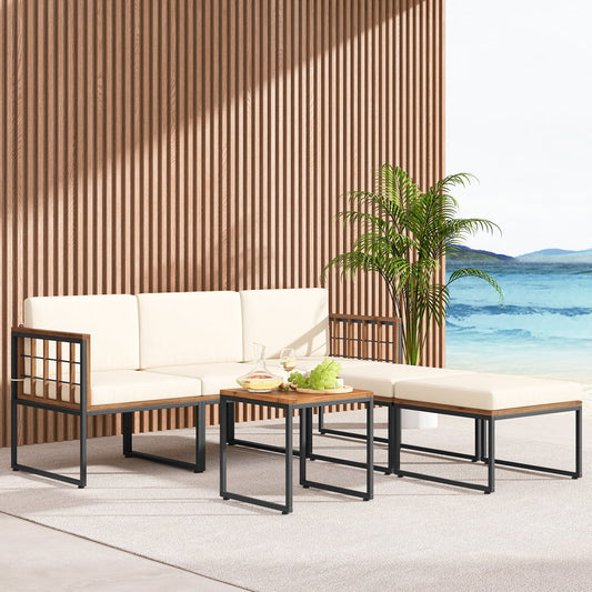 6 Pieces Acacia Wood Patio Furniture Set with Coffee Table and Ottomans-Beige - Tampa Home & Garden Store
