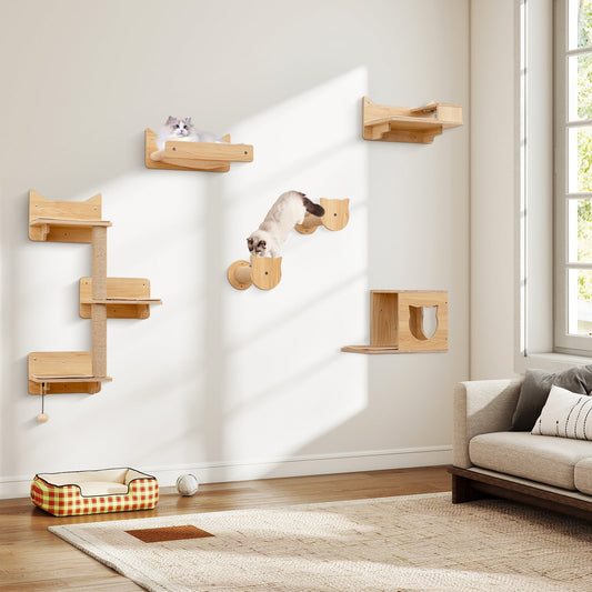 6 Pieces Cat Wall Furniture Set Kitten Wall Mounted Shelves-Natural - Tampa Home & Garden Store