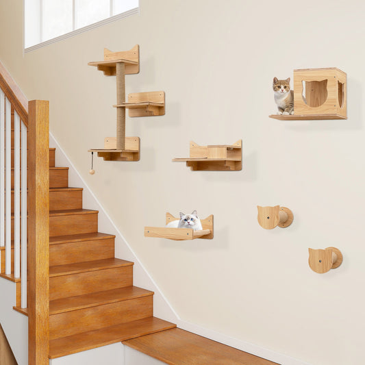 6 Pieces Cat Wall Furniture Set Kitten Wall Mounted Shelves-Natural - Tampa Home & Garden Store