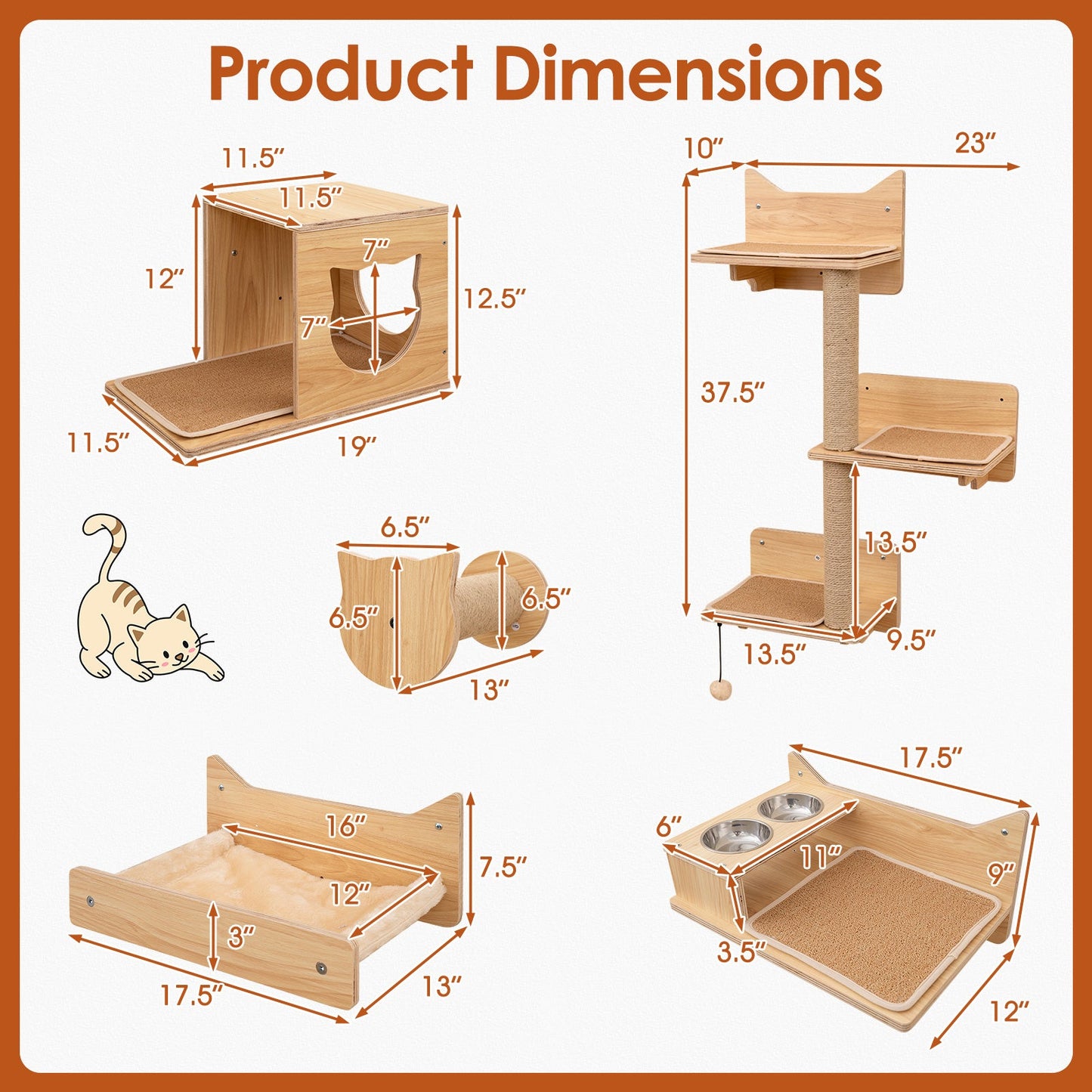 6 Pieces Cat Wall Furniture Set Kitten Wall Mounted Shelves-Natural