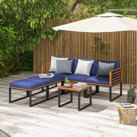 6 Piece Patio Acacia Wood Conversation Sofa Set with Ottomans and Coffee Table-Navy - Tampa Home & Garden Store