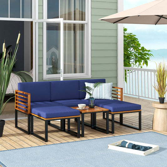 6 Piece Patio Acacia Wood Conversation Sofa Set with Ottomans and Coffee Table-Navy - Tampa Home & Garden Store