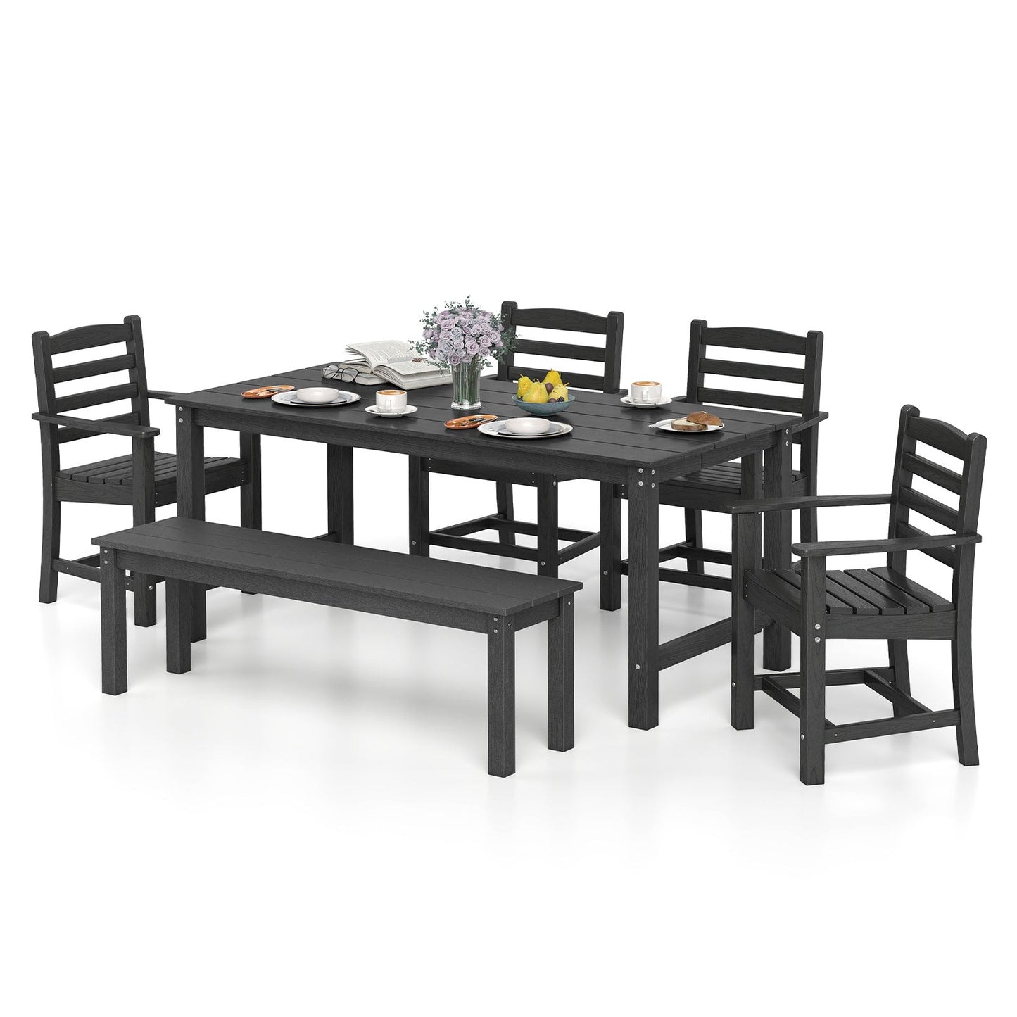 6 Pieces Patio Dining Bench Set Outdoor HDPE Weather Resistant Table and Chairs Set