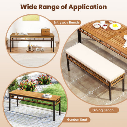Wicker Patio Bench for 2 People 48invh Long Backless Dining Bench with Acacia Wood Seat-White