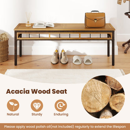 Wicker Patio Bench for 2 People 48invh Long Backless Dining Bench with Acacia Wood Seat-White