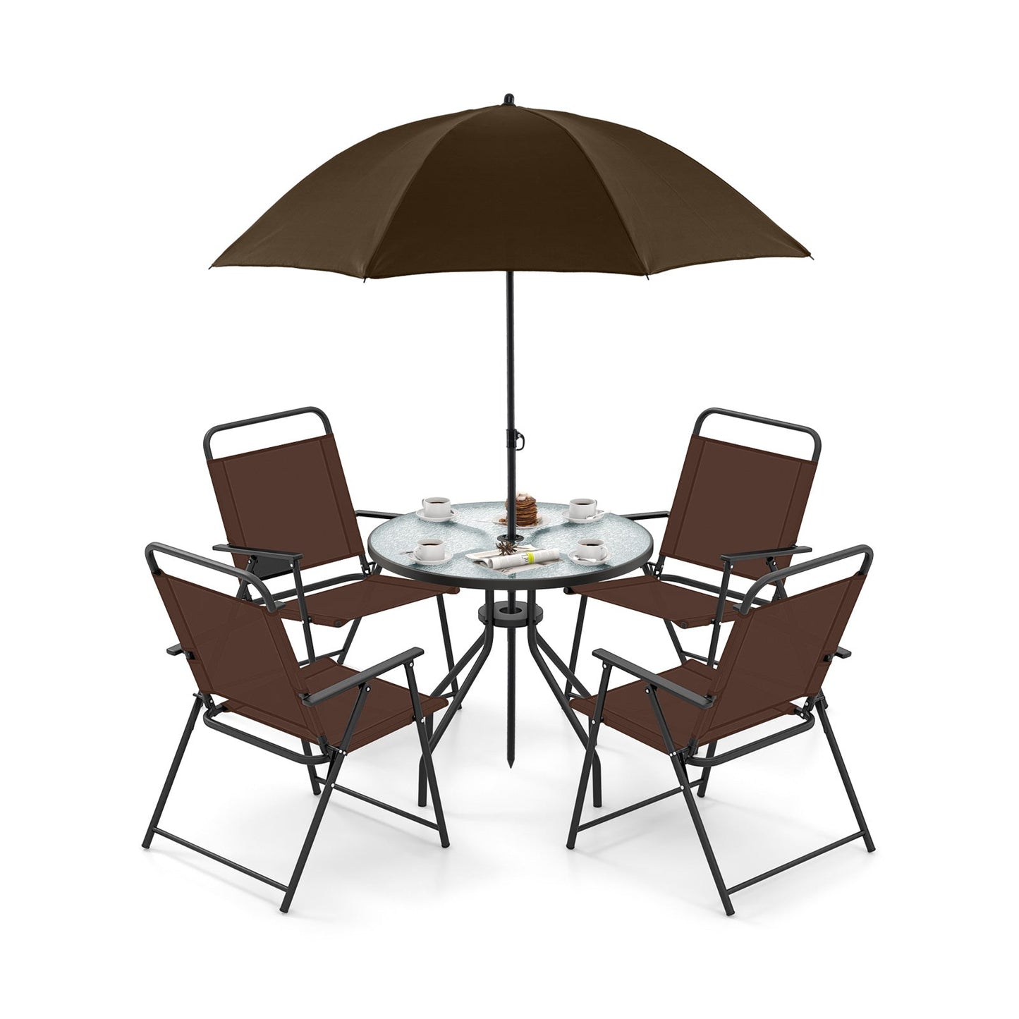 6 Pieces Patio Dining Set Folding Chairs Glass Table Tilt Umbrella for Garden-Gray