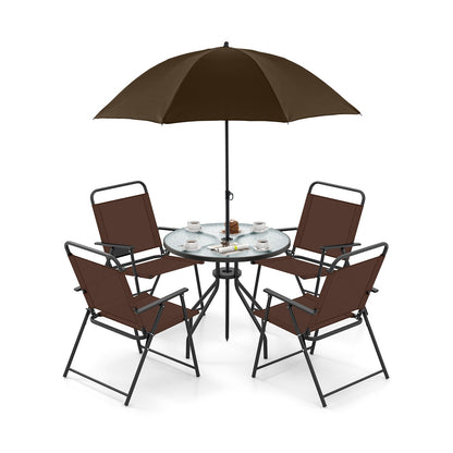 6 Pieces Patio Dining Set Folding Chairs Glass Table Tilt Umbrella for Garden-Gray